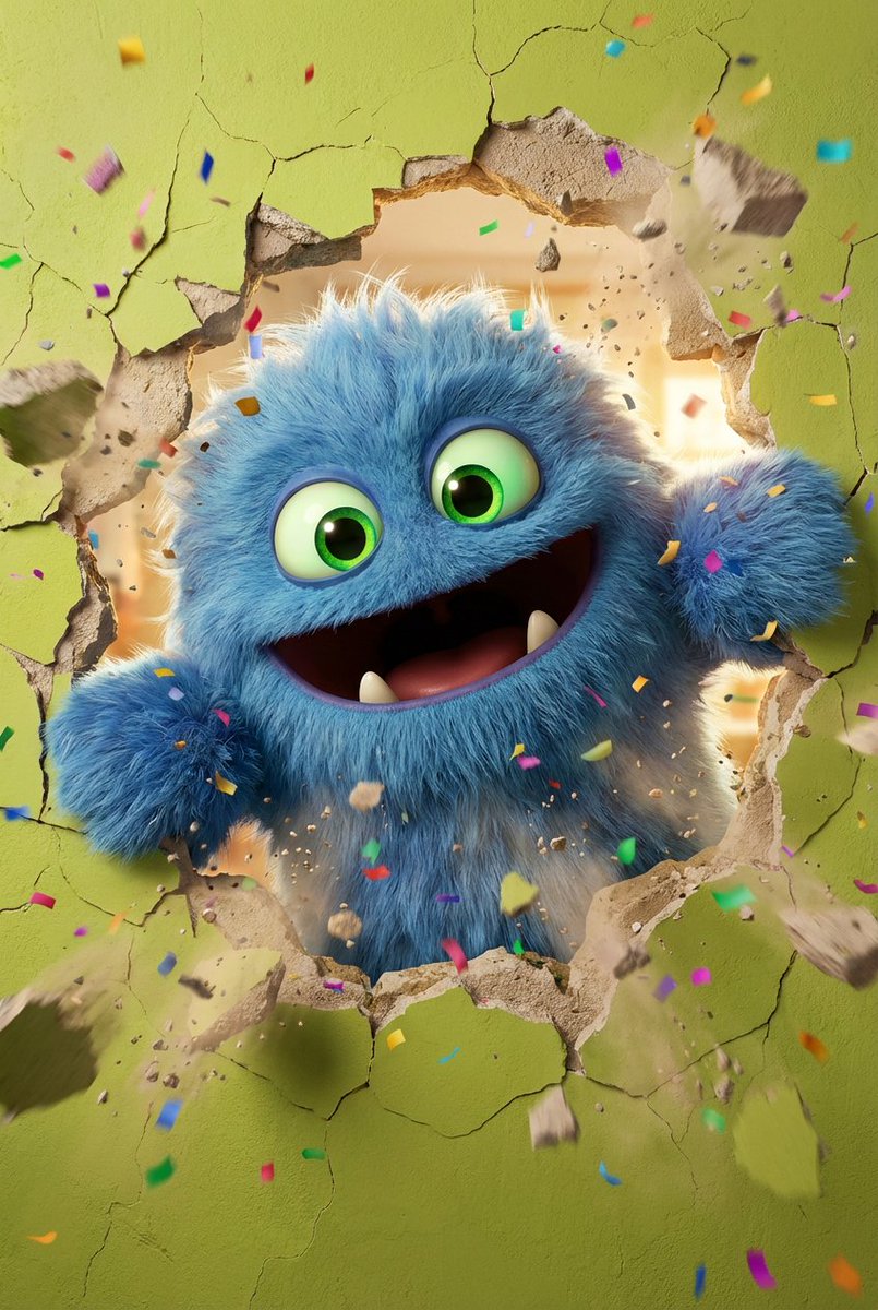 Fluffy Blue Monster Bursts Wall