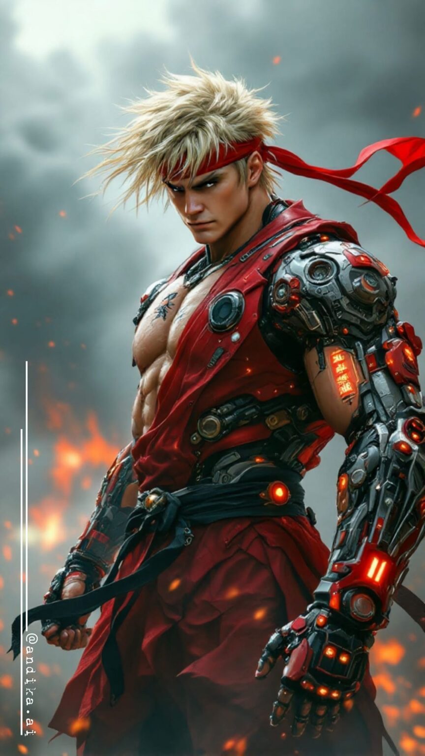 Cybernetic Warrior in Dynamic Karate Pose