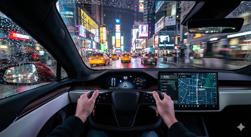 Tesla Night Drive In Manhattan