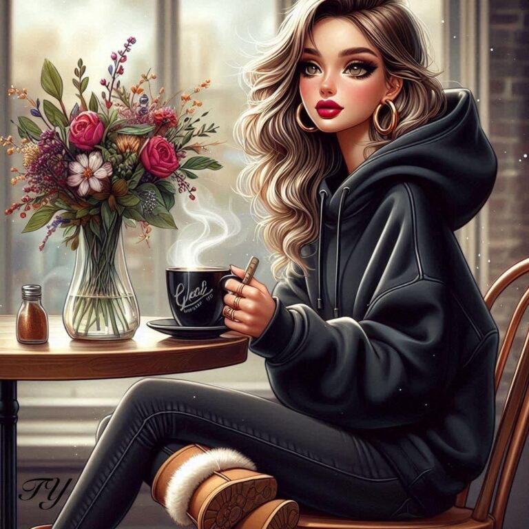 Whimsical Woman Enjoying Coffee at Shop
