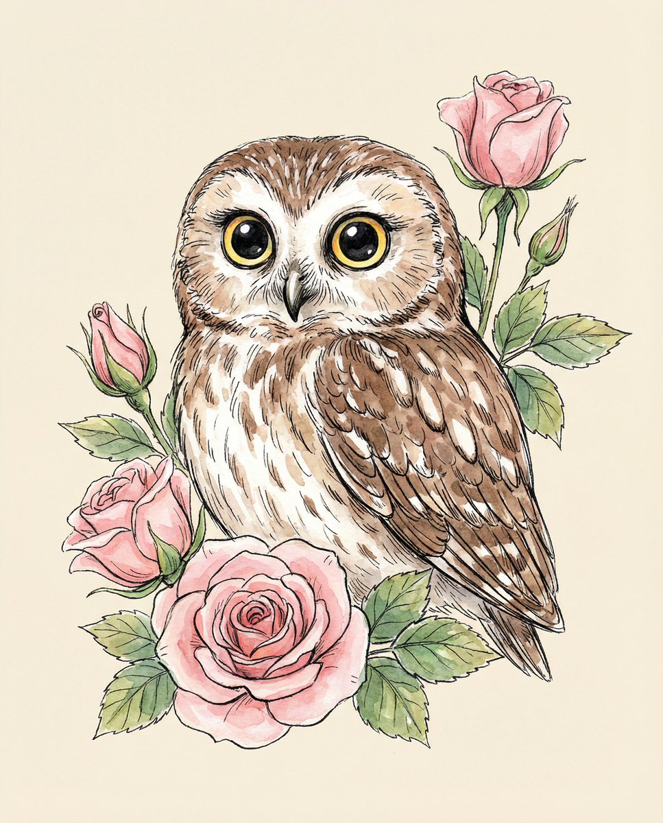Whimsical Owl with Pink Roses