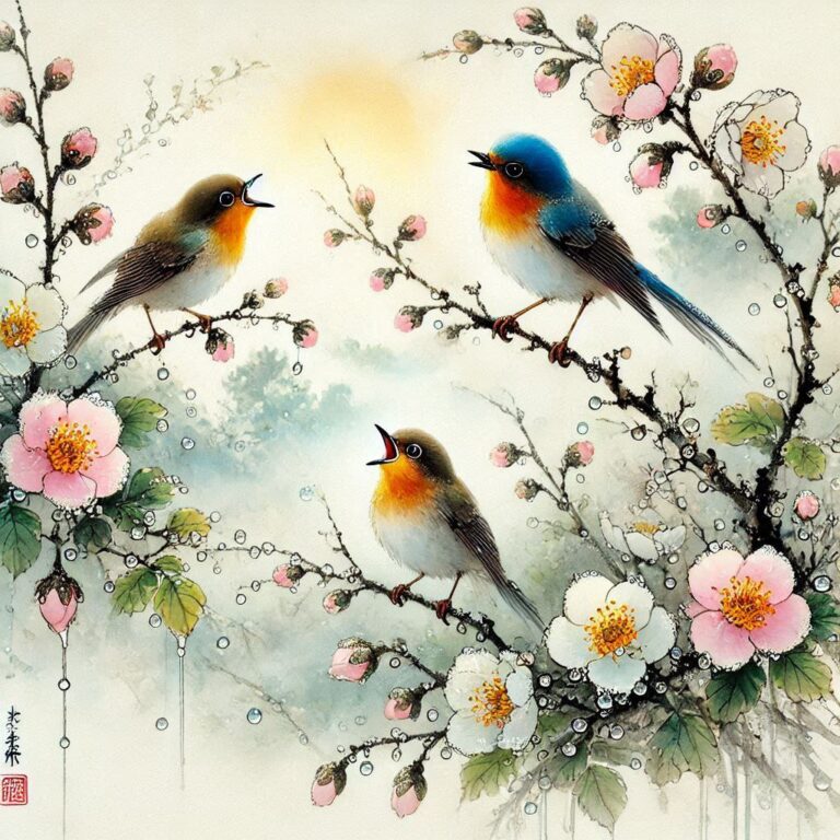 Spring Morning with Singing Birds Ink Art