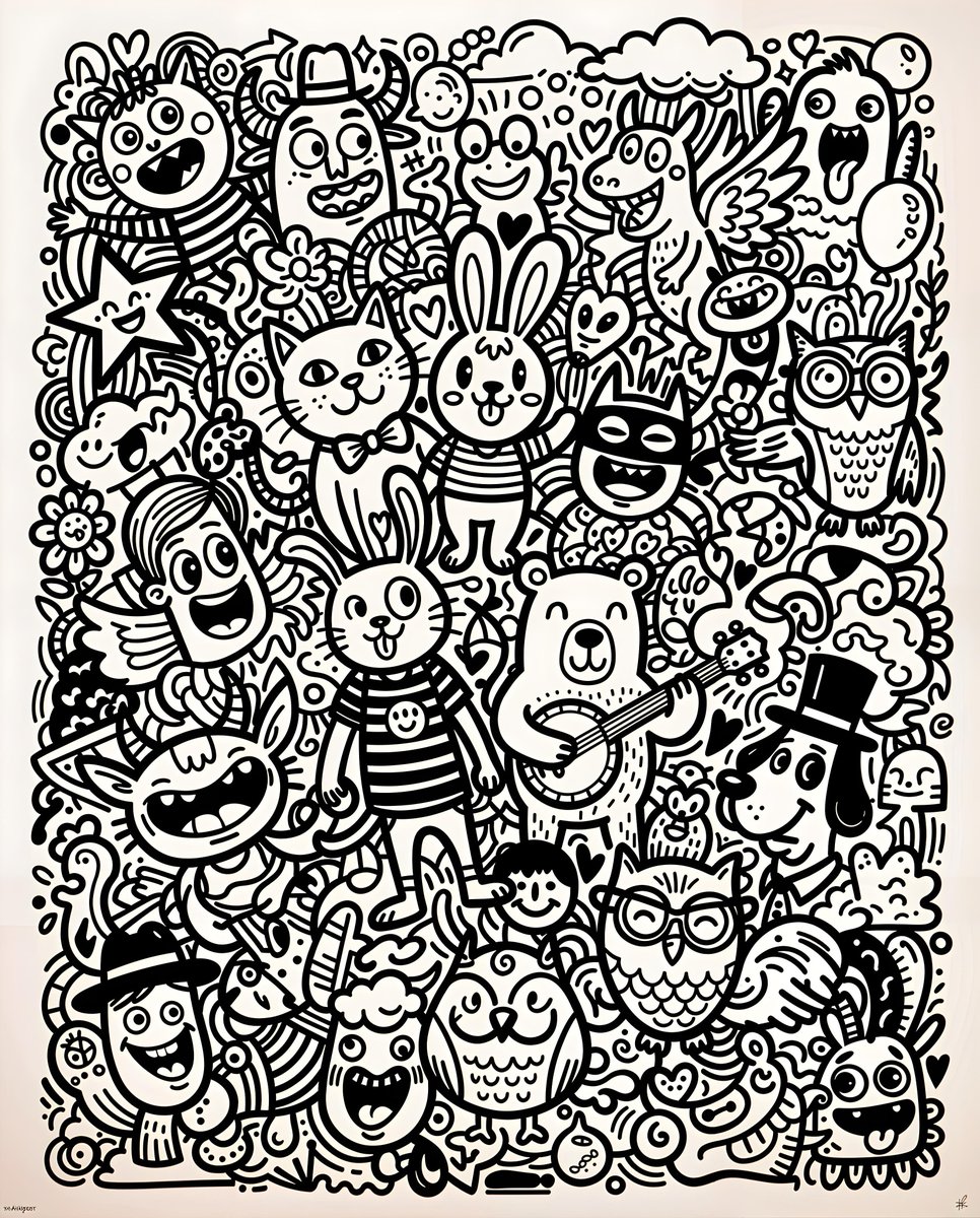 Whimsical Black White Doodle Art