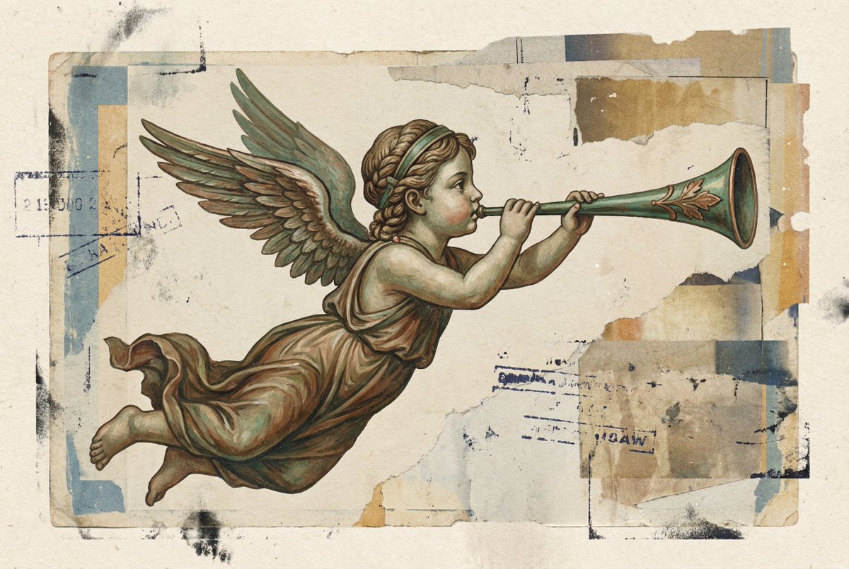 Antique Angel Blowing Horn Painting