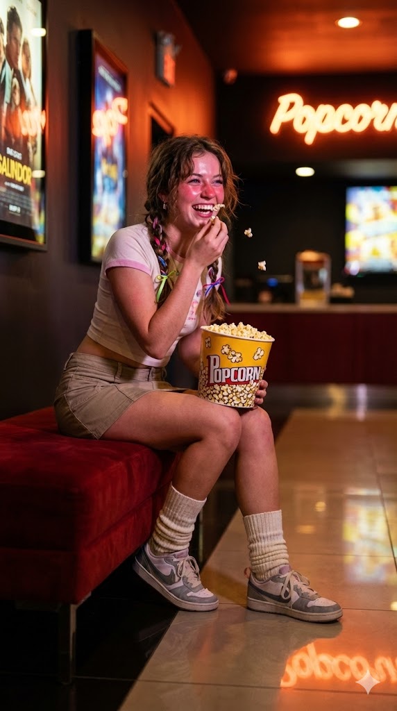 Girl Eating Popcorn in Retro Cinema Lobby