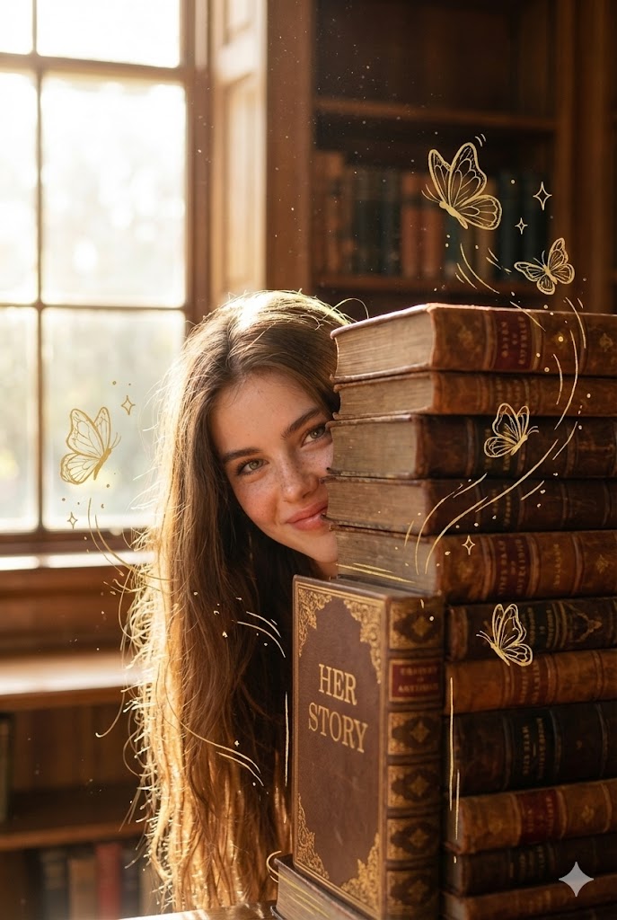 Peekaboo Girl in Dusty Library