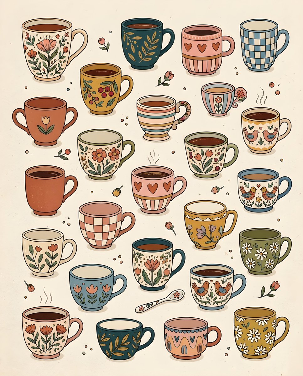 Whimsical Hand Drawn Teacups Illustration