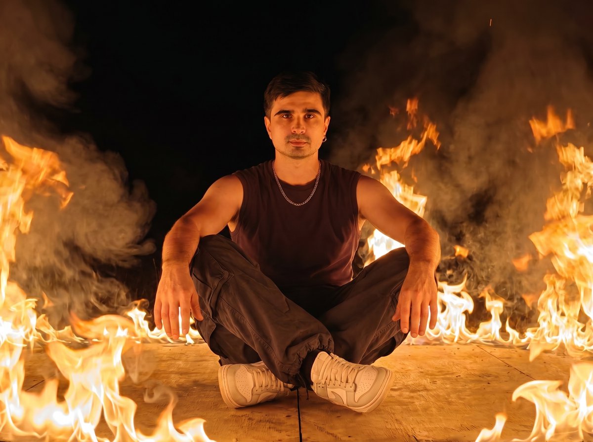 Calm Portrait Amid Roaring Flames