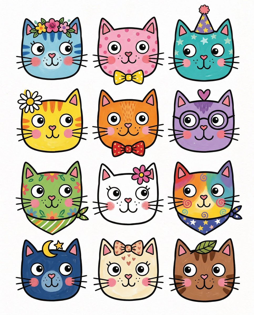 Twelve Whimsical Stylized Cat Faces