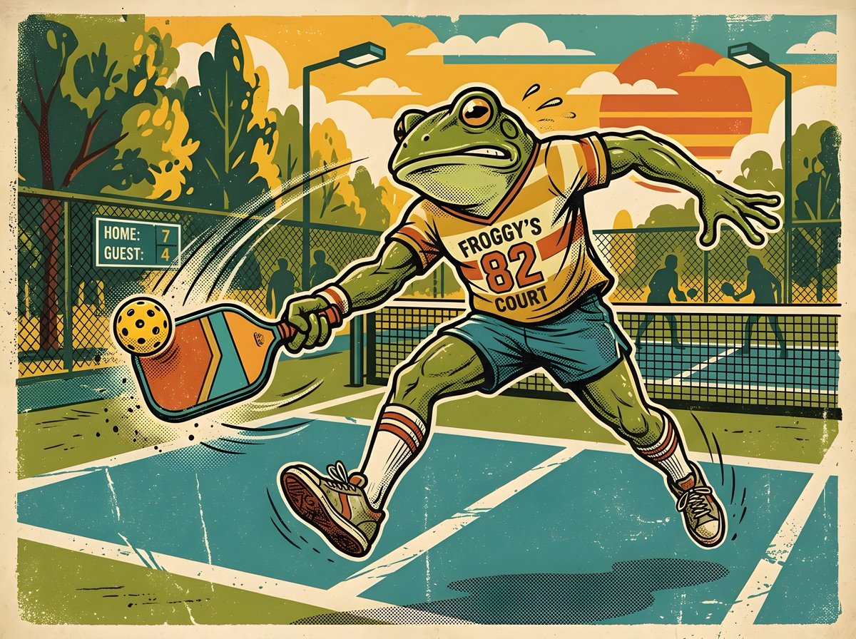 Retro Frog Pickleball Illustration