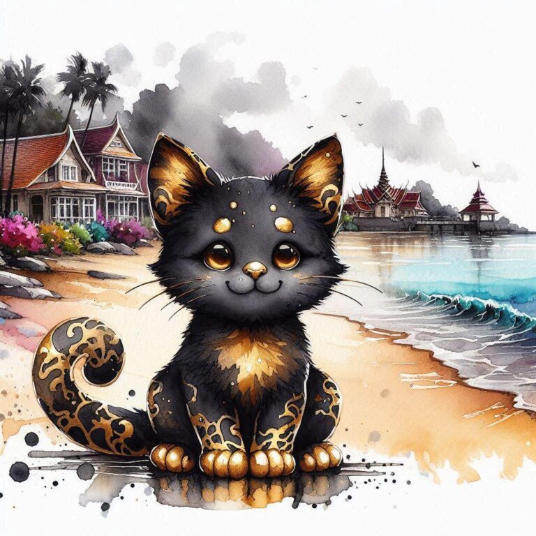Cute Cat on Beachfront in Watercolor