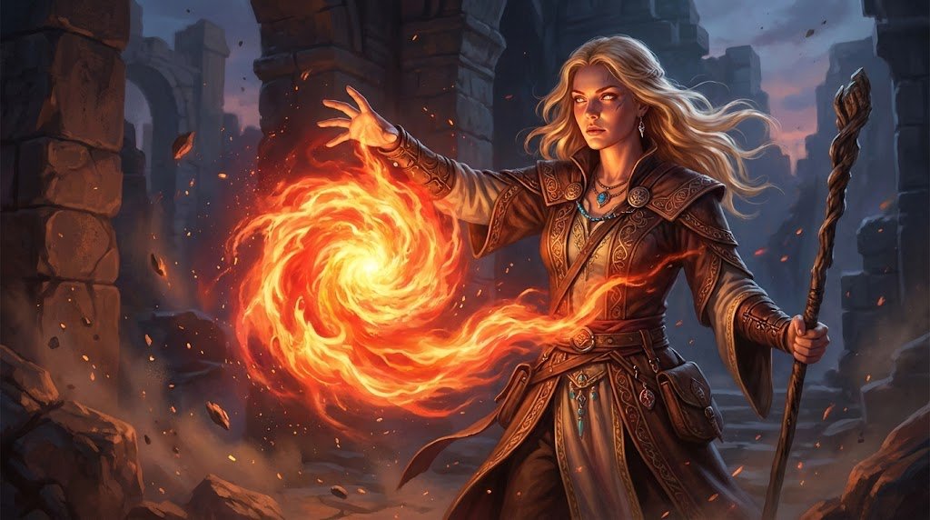 Blonde Wizard Casting Fireball Spell