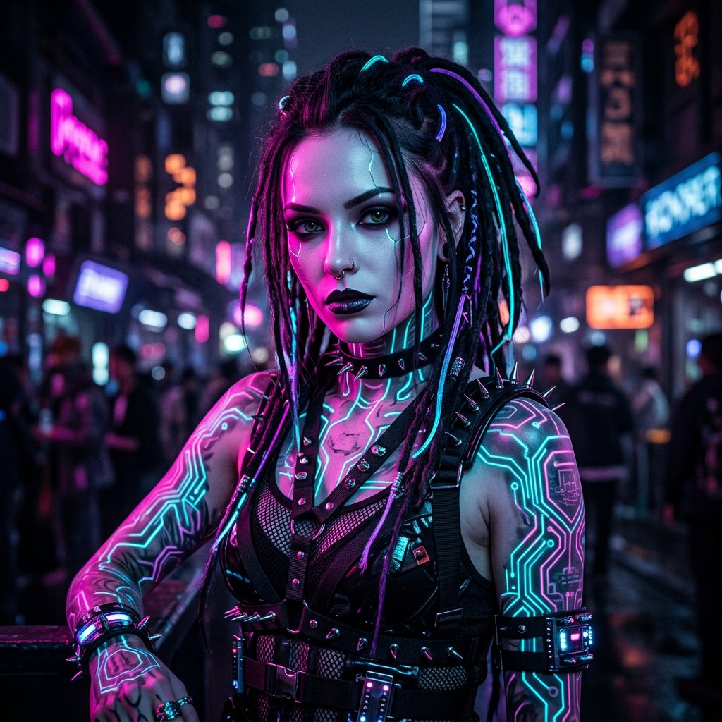Neon Circuit Cybergoth Woman Portrait