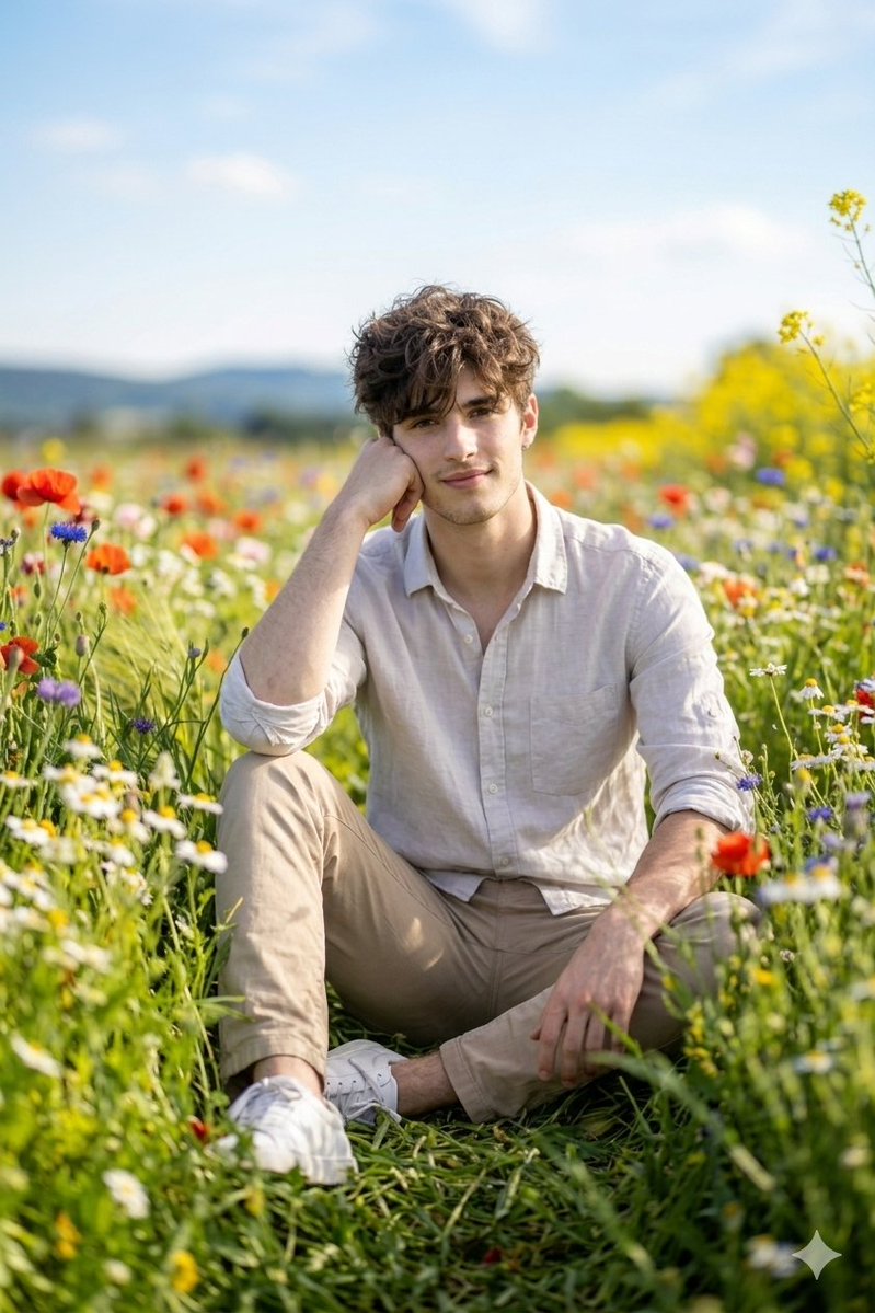 Smiling Young Man in Spring Flower Field