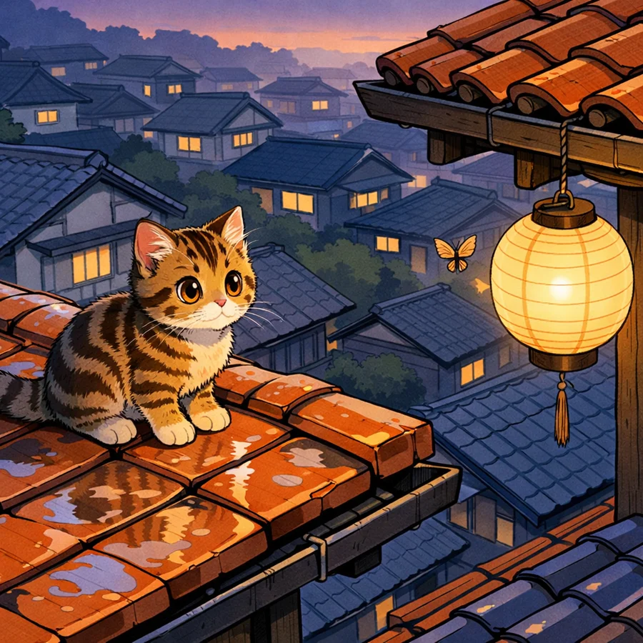 Tabby Kitten On Rainy Rooftop Twilight