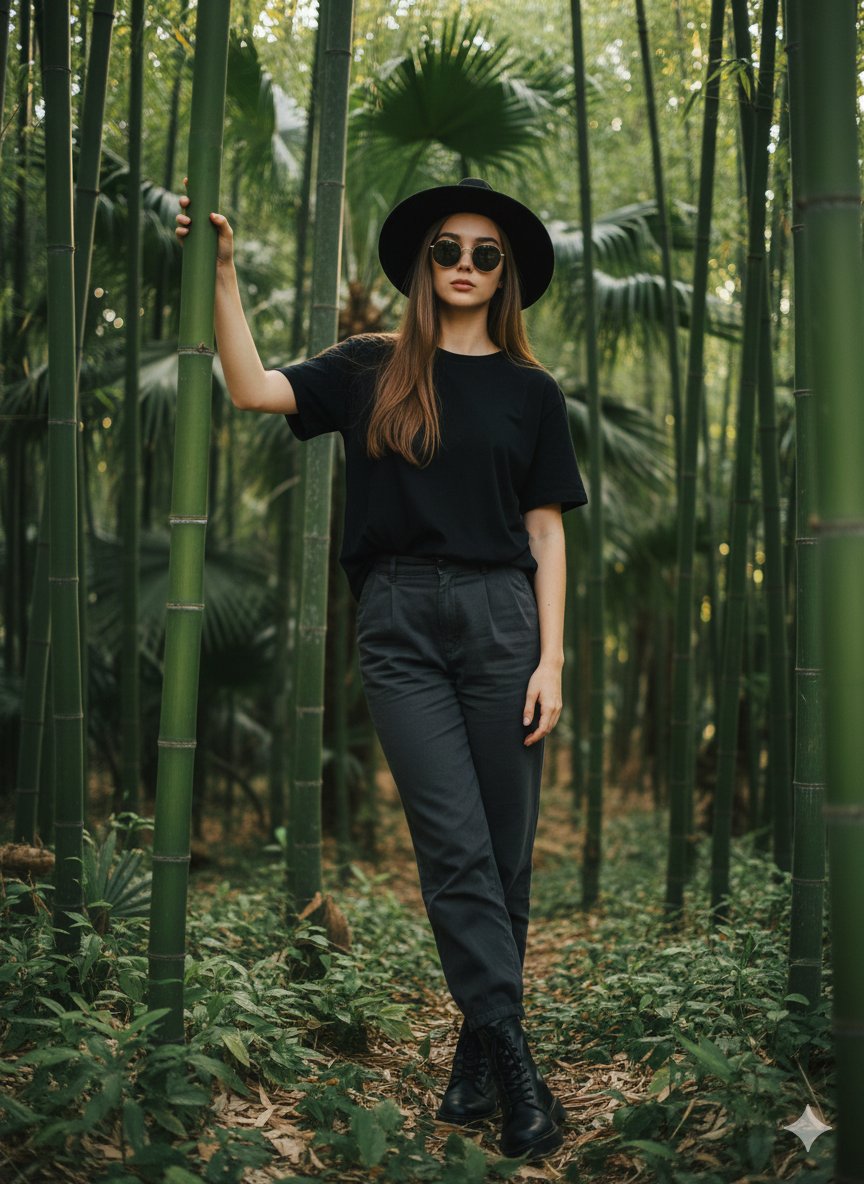 Stylish Woman In Bamboo Forest