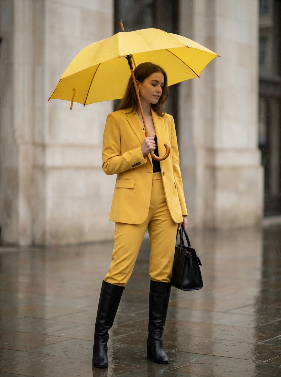 Cinematic Yellow Suit Rain Fashion Editorial
