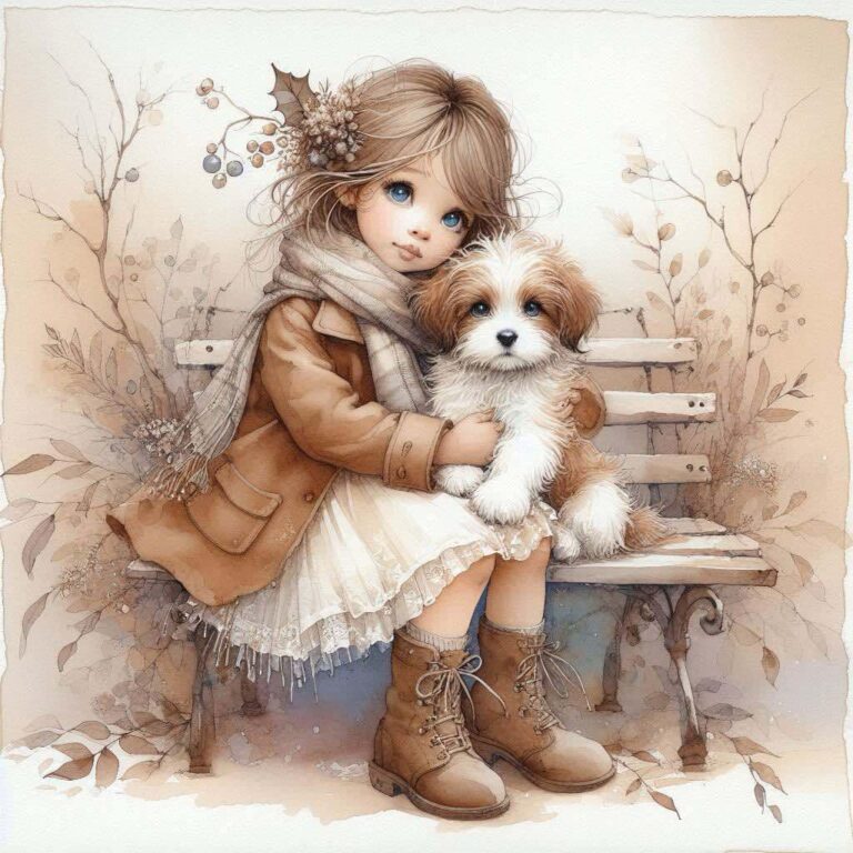 Serene Puppy and Girl on Bench