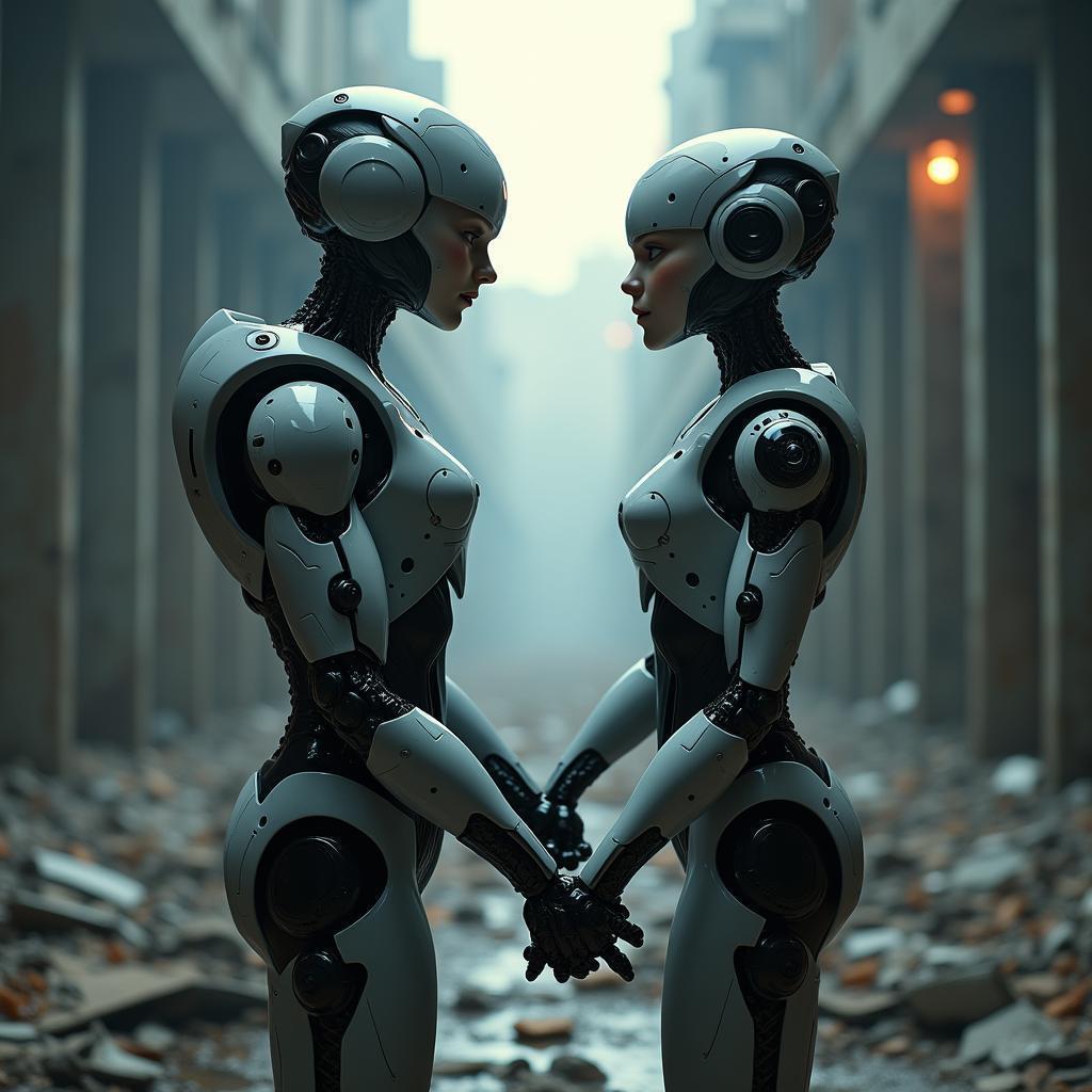 Androids Holding Hands in Dystopian Ruins
