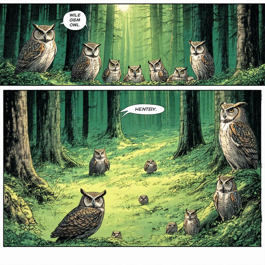 Cinemascope Owl Family Comic in Forest Panoramas