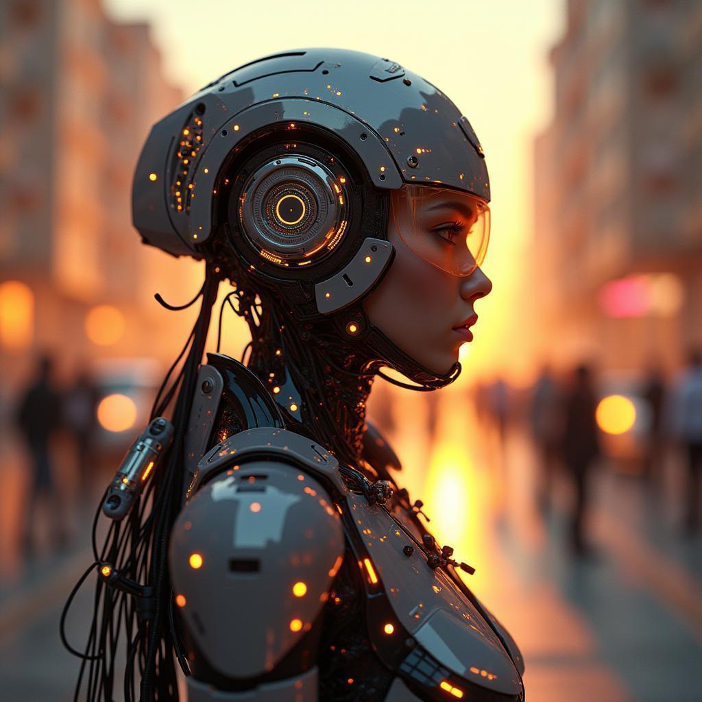 Symmetrical Cyborg Portrait in Glowing Sci Fi Armor