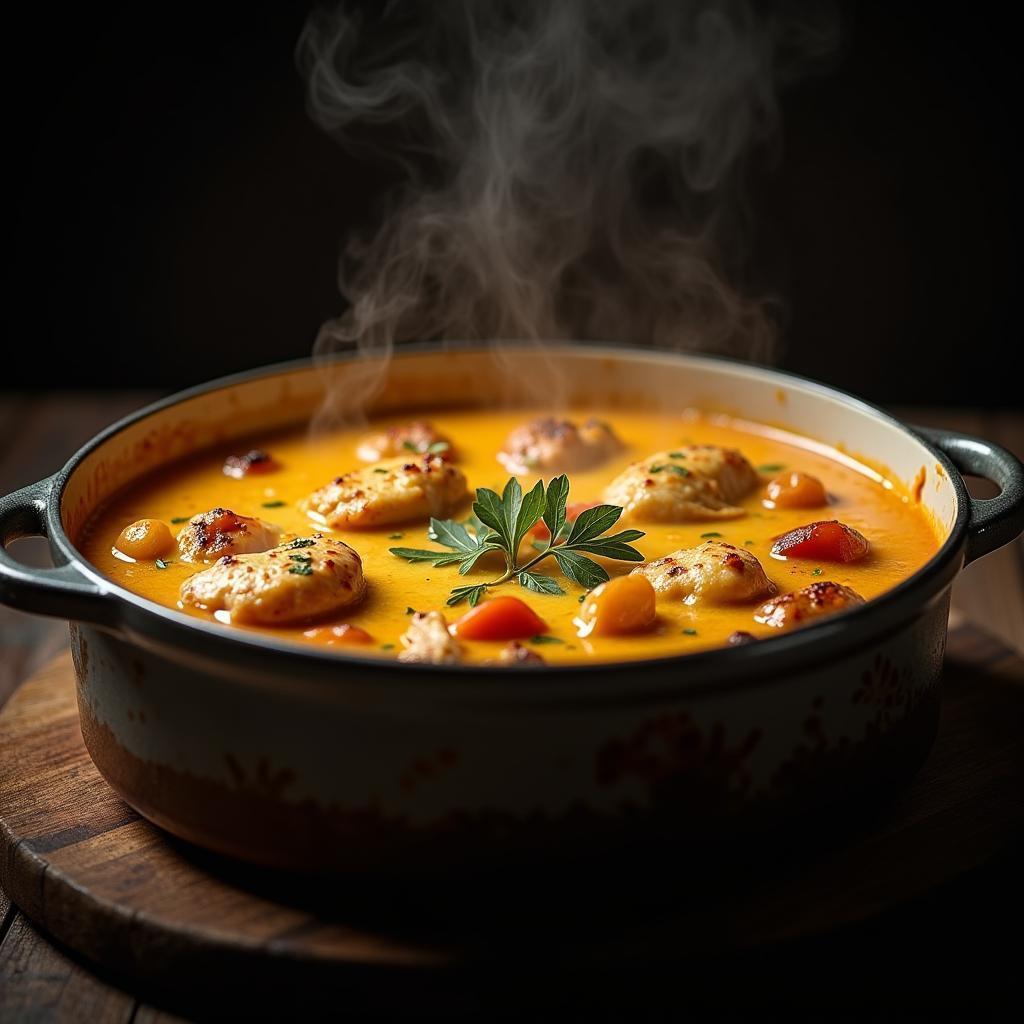 Cheesy Chicken Soup in Moody Cinematic Light