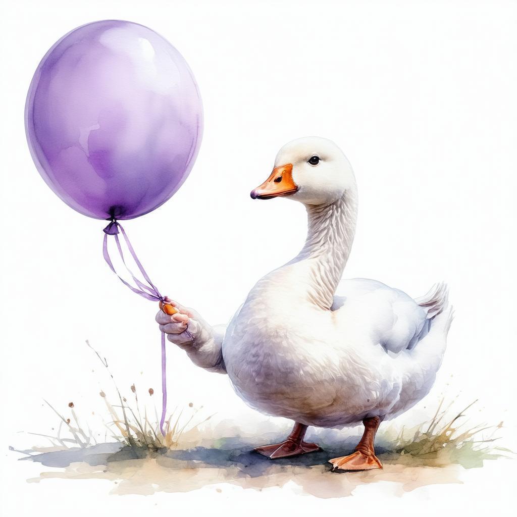 Fluffy Goose Holding a Purple Balloon Watercolor