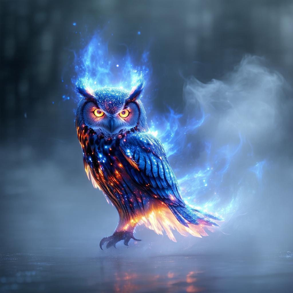 Blue Owl Glowing Against the Misty Gray