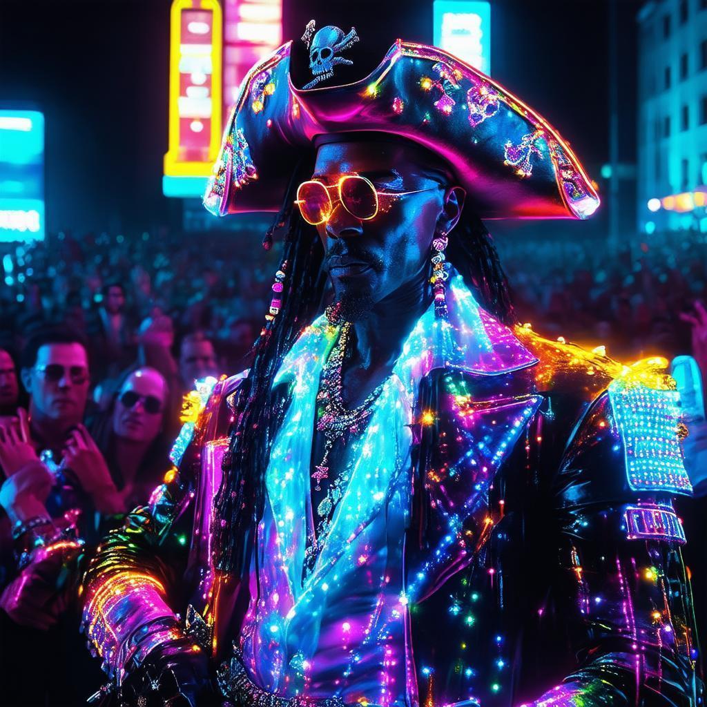 Neonpunk Pirate Dazzling a Glowing Audience