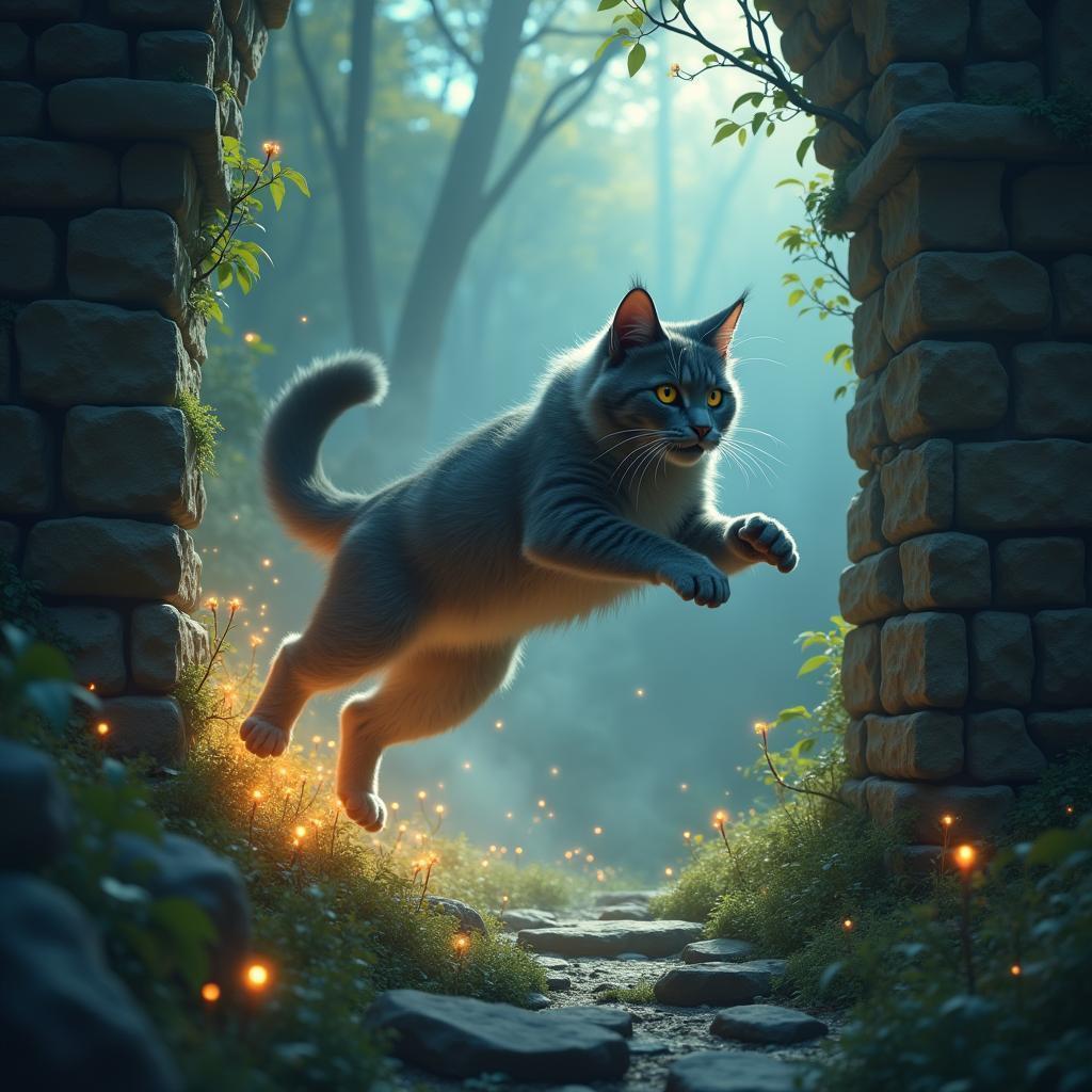 Mystical Cat Leaping From Ancient Stone Wall