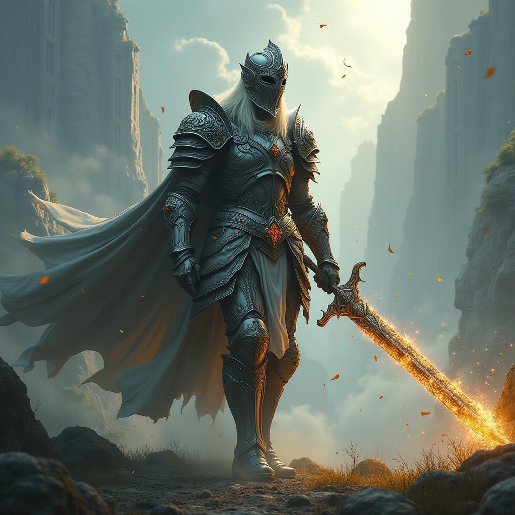 Valiant Warrior Raising a Glowing Runed Sword