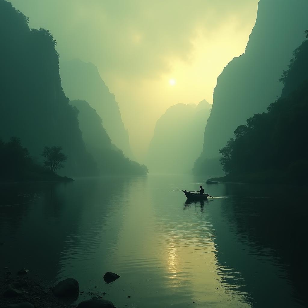 Lone Boat Drifting Beneath Shadowy Green Mountains