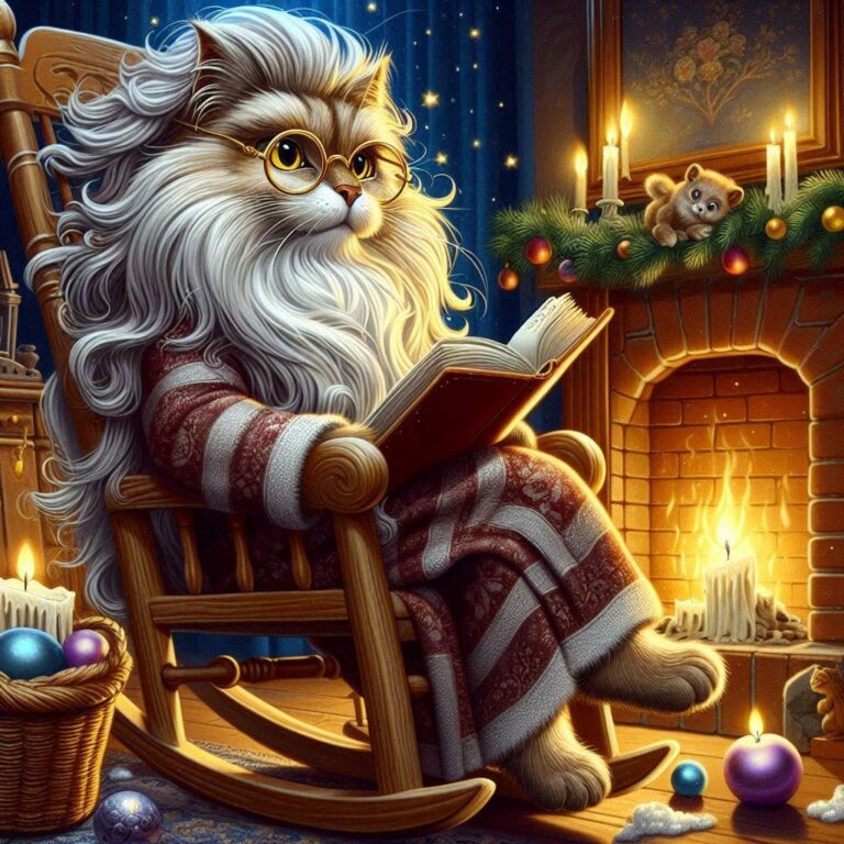 Wise Cat Reading by Christmas Fireplace