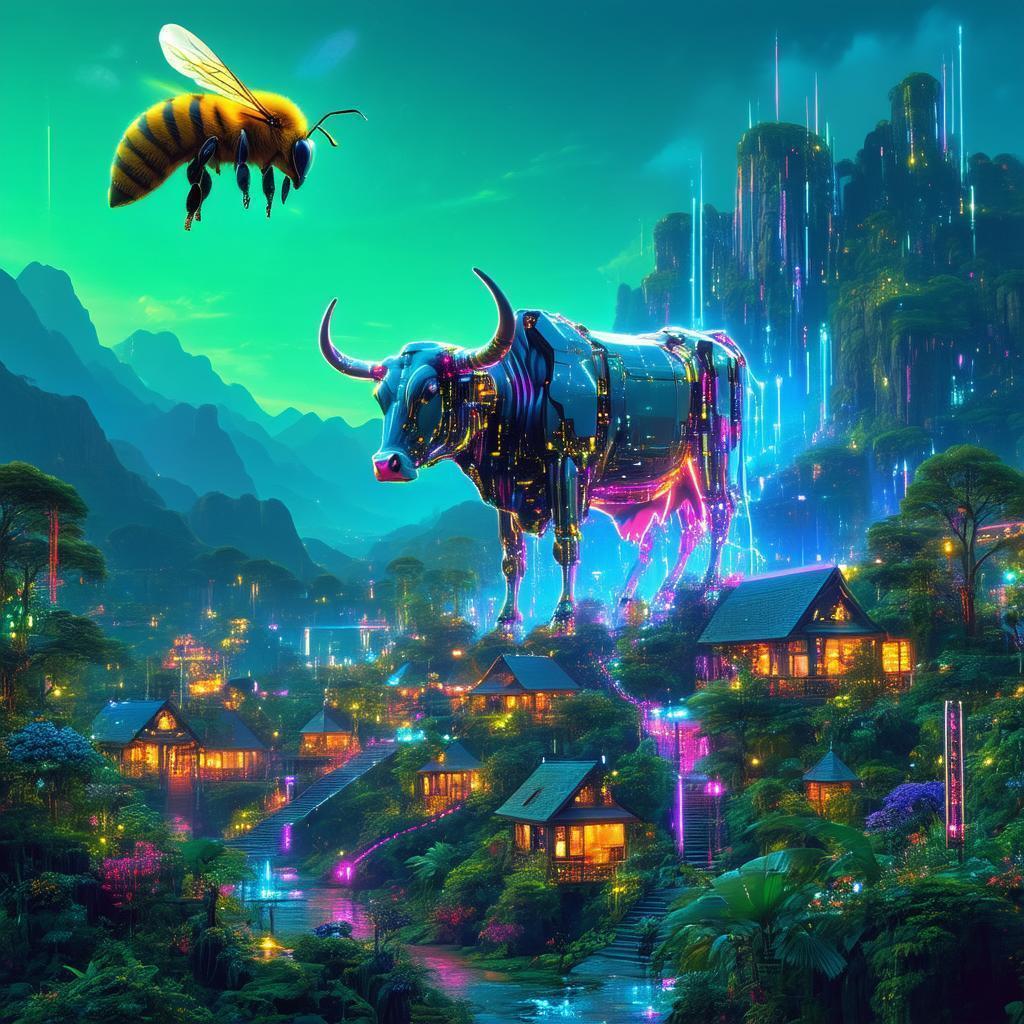 Giant Cow and Bee Over Solarpunk Village