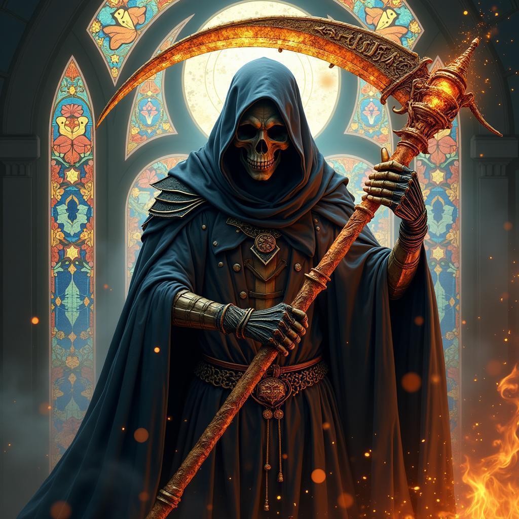 Grim Reaper Cloaked in Fireflies and Flame