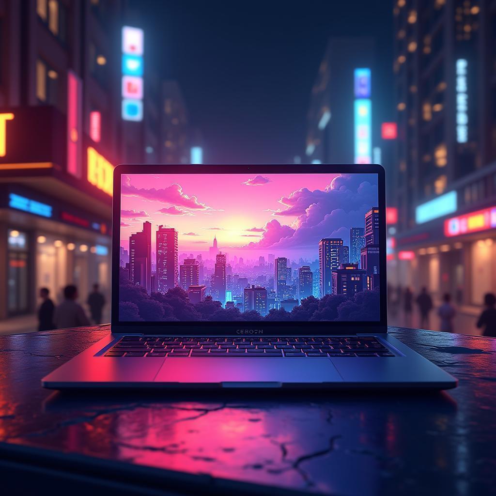 Glowing Anime Laptop Against Neon City Lights