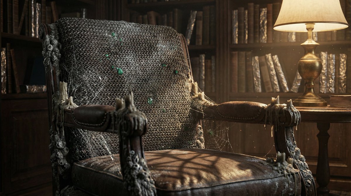 Surreal Vintage Armchair In Dim Library