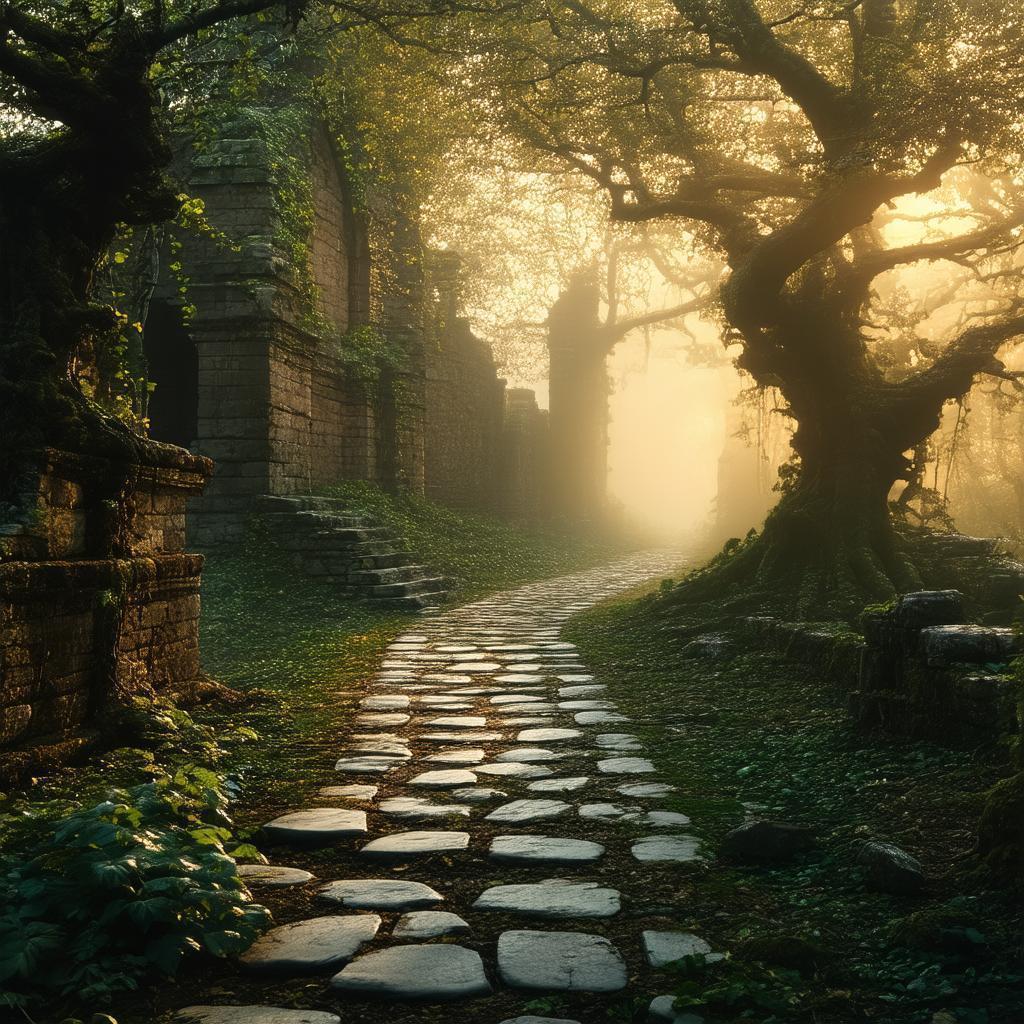Stone Path Winding Through Misty Sunset Ruins