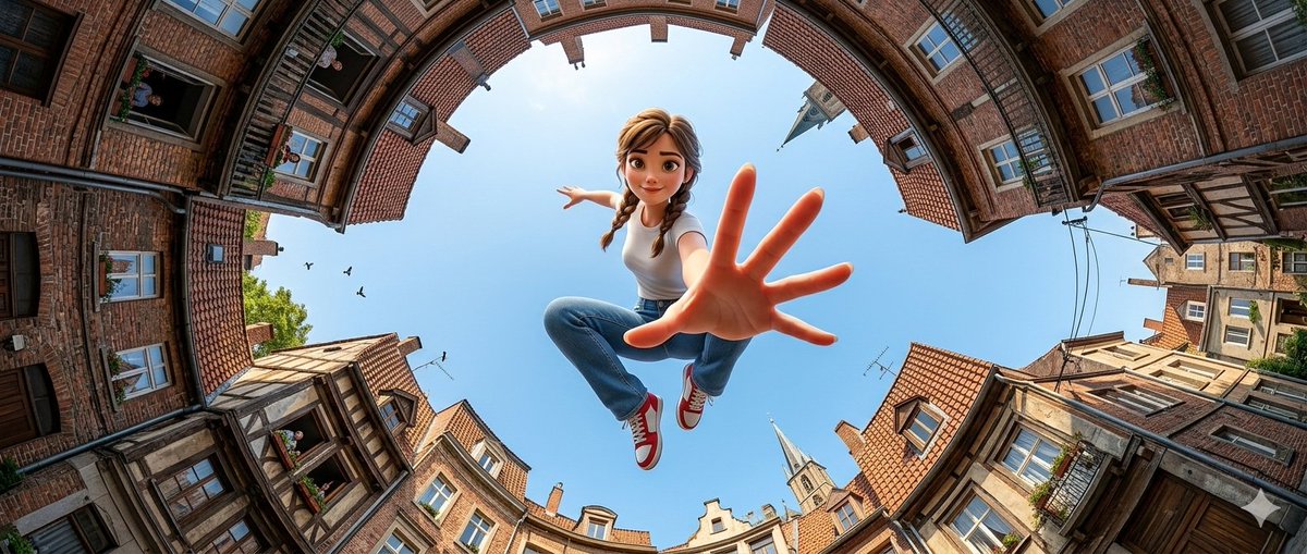 Fisheye Leap Over Historic Town