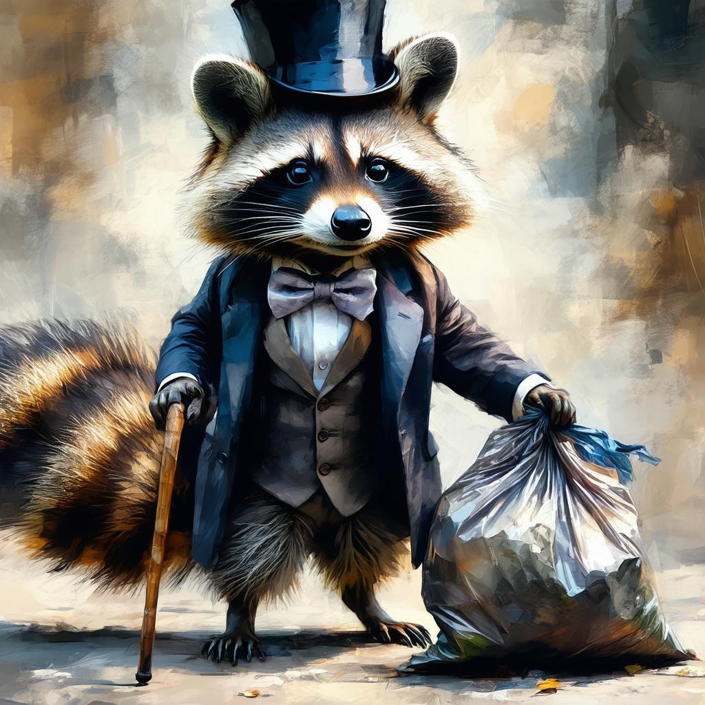 Dapper Raccoon in Top Hat Hauling Garbage