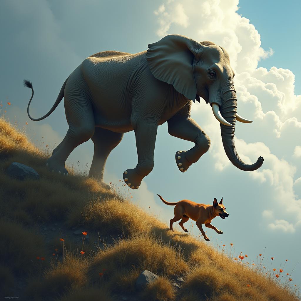 Elephant Trunked Dog Leaping in Epic Light