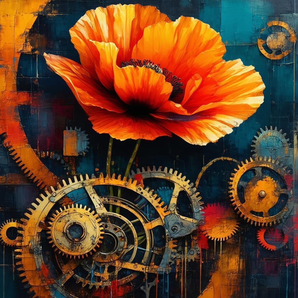 Orange Poppy Fresco Caught in Mechanical Gears