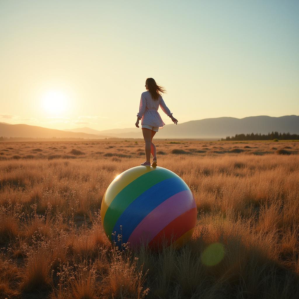 Woman Balancing on a Giant Multicolored Ball