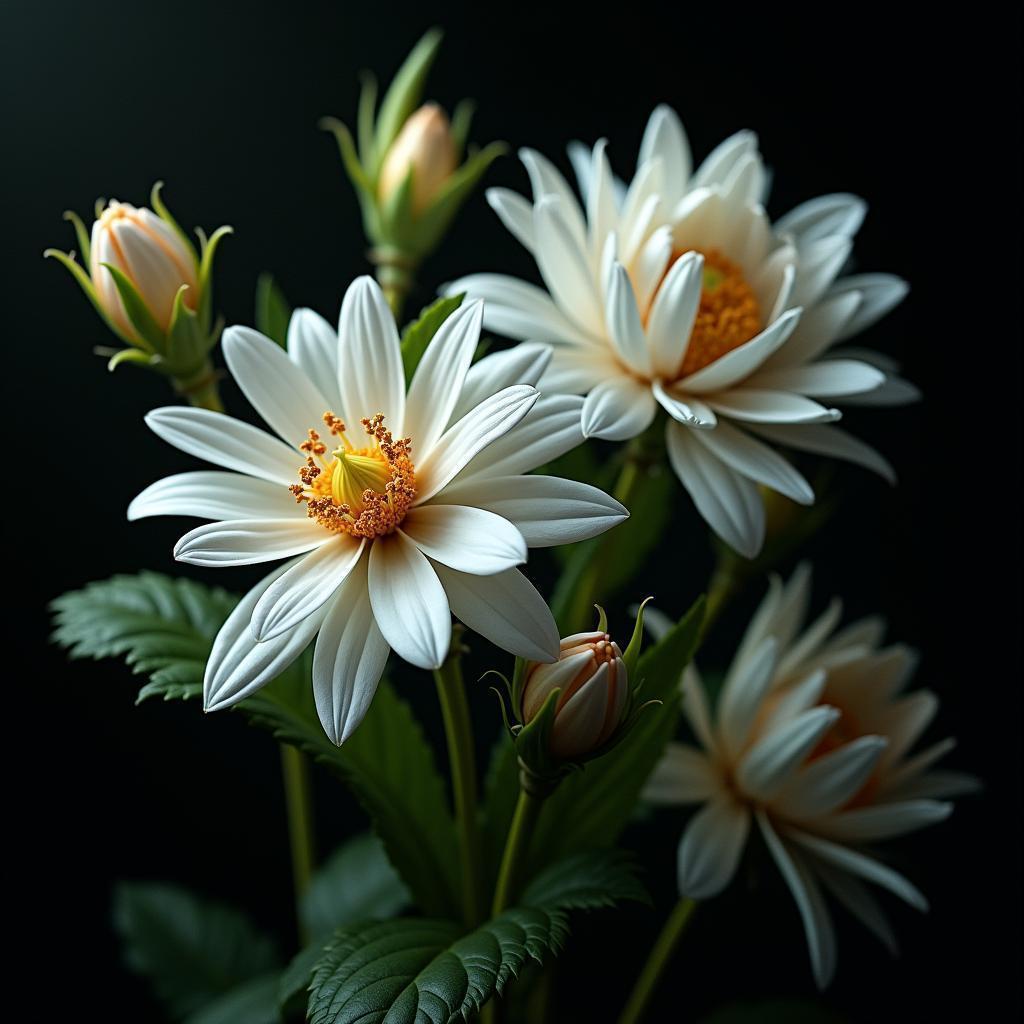 Stylized White Flowers in Dramatic Dark Light