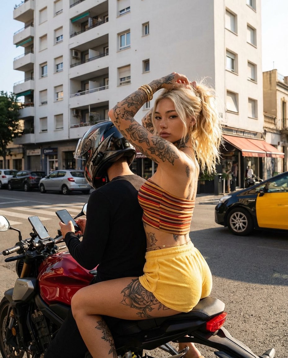 Tattooed Blonde On Red Motorcycle Street