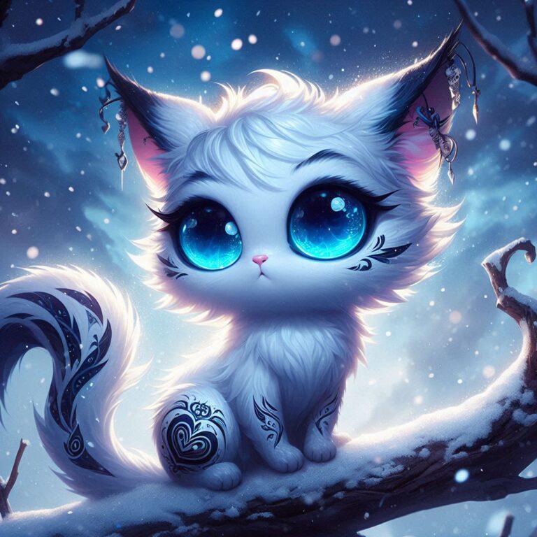 Whimsical Cat with Heart Tattoos in Snow