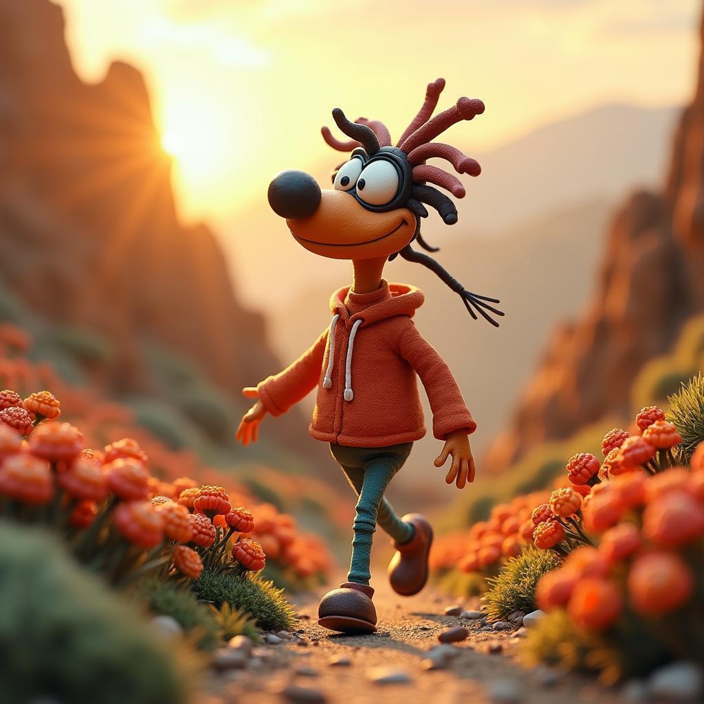 Whimsical Clay Figure Bouncing Through Textured Lands