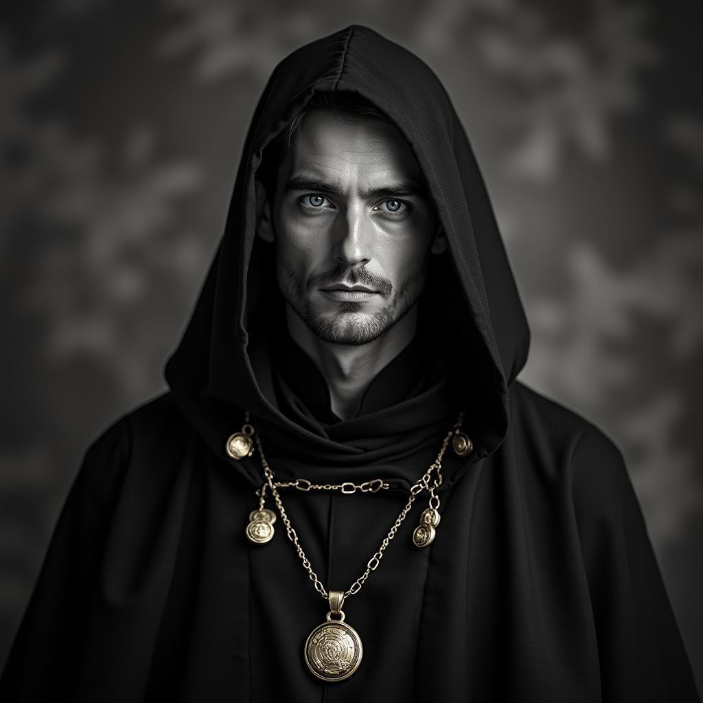 Robed Man With Golden Amulet and Blue Eyes