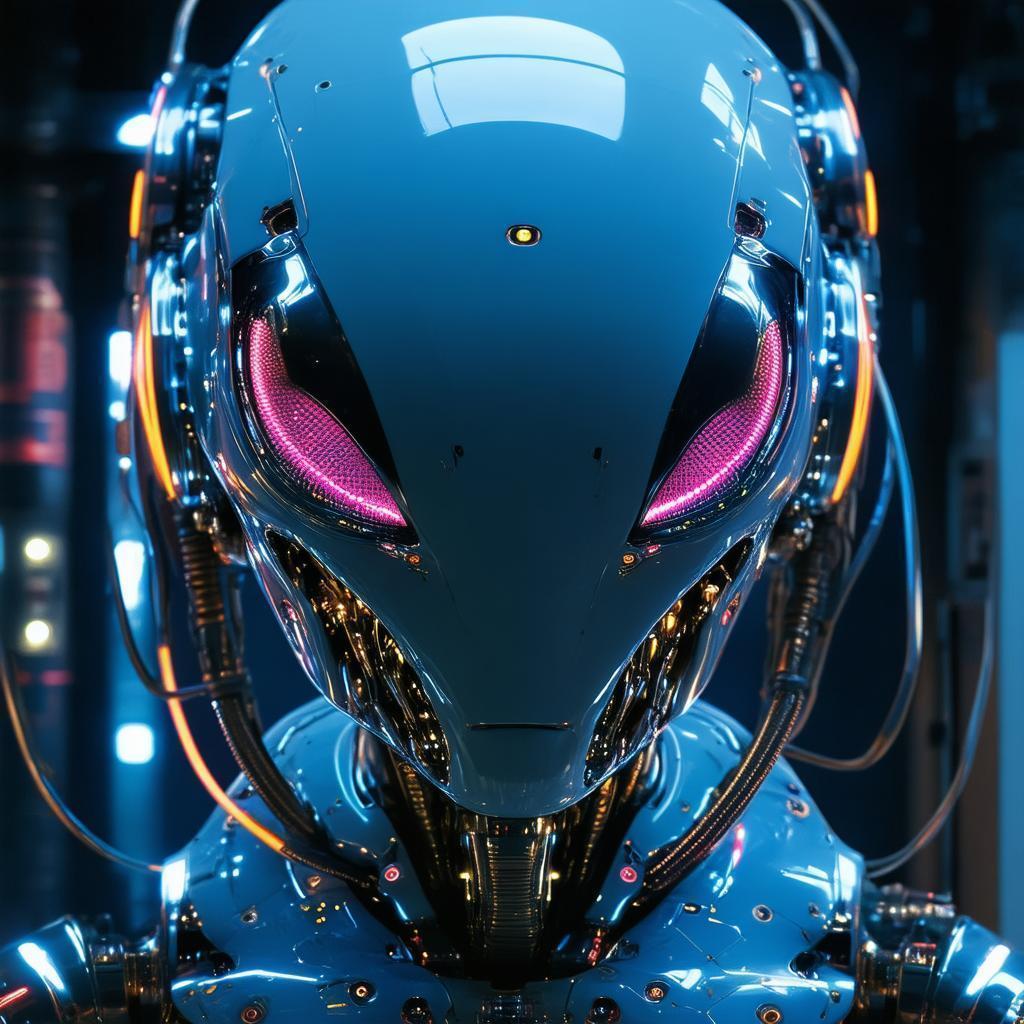 Sleek Machine Faced Alien in Neon Symmetry