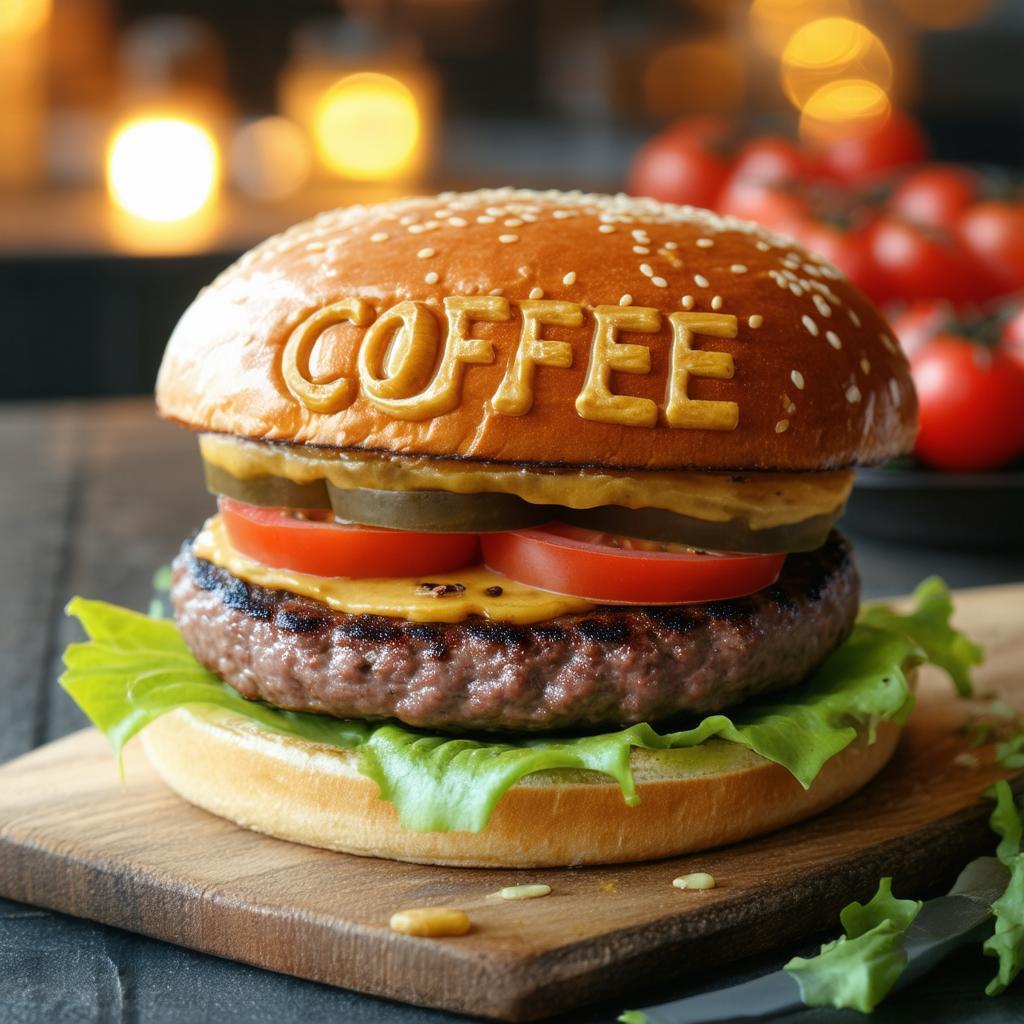 Juicy Burger Lettered With Mustard Coffee Script
